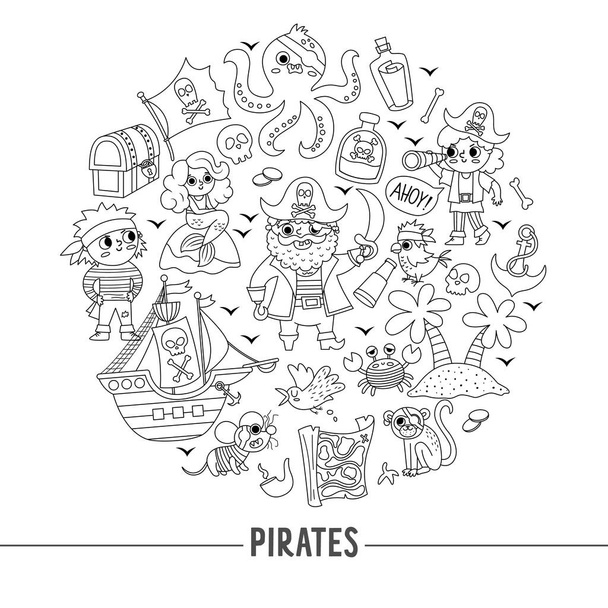 Vector black and white pirate round frame with pirates, ship and animals. Line treasure island card template or marine party design. Cute sea adventures illustration or coloring pag - Wektor, obraz