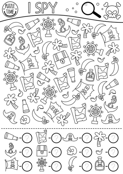 Pirate black and white I spy game for kids. Searching and counting activity with pirate accessories and symbols. Treasure island hunt coloring page. Simple sea adventure spotting workshee - Vektor, Bild