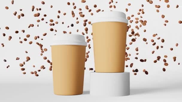 Paper coffee cup white lid flying beans podium 3D animation. Coffee shop discount demonstration delivery Hot drinks sale banner. Merchandise promo design. Blank disposable cup template roasted arabica - Filmati, video