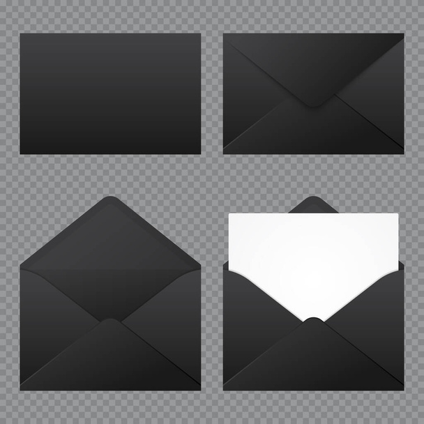 Joukko realistisia mustia kirjekuoria mockup. Realistiset mustat kirjekuoret eri asennoissa. Taitettu ja taittamaton kirjekuoren mallinnus. Vektoriesimerkki - Vektori, kuva