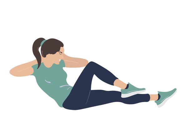 Une femme fait un exercice pour l'estomac, atteint son coude au genou, une fille fait du sport ou du yoga en vêtements de sport. Loisirs actifs utiles, illustration vectorielle plate sur fond blanc. Vecteur - Vecteur, image