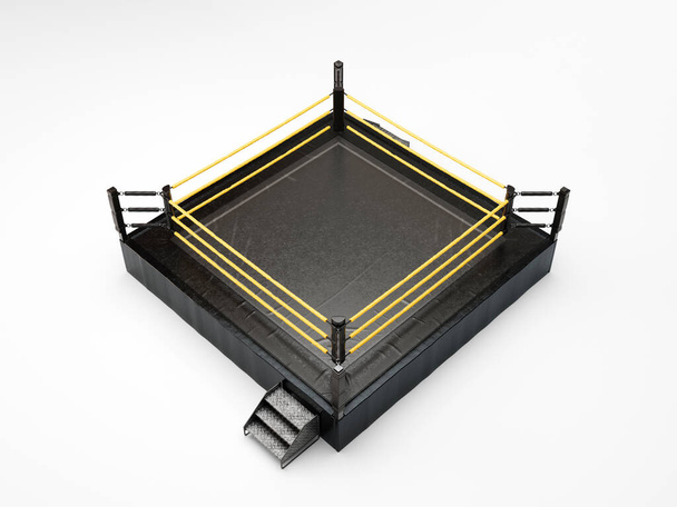 A modern regulation wrestling ring with pink ropes and a black canvas surface on an isolated white studio background - 3D render - Photo, Image