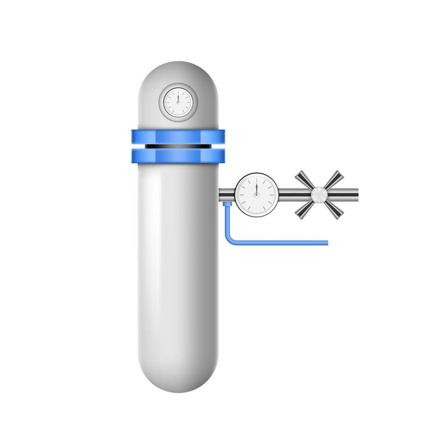 House water sediment filter system mock up. Backwash filter with housing and threads, plastic cartridge with mesh, pressure gauge and flushing valve 3d realistic vector illustration - Vector, Image
