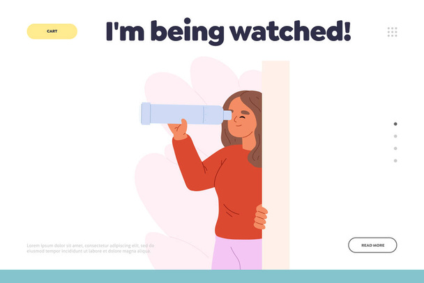 Being watched concept of landing page with curious young woman spying look through spy glass hiding, observing, sneaking. Suspicious female peek, look out, search. Cartoon flat vector illustration - Vector, Image