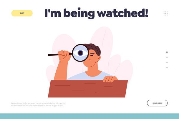 Being watched concept of landing page with curious young man spying, observing, sneaking. Boy peeping look through magnifying glass hiding. Suspicious male peek Cartoon flat vector illustration - Vector, Image