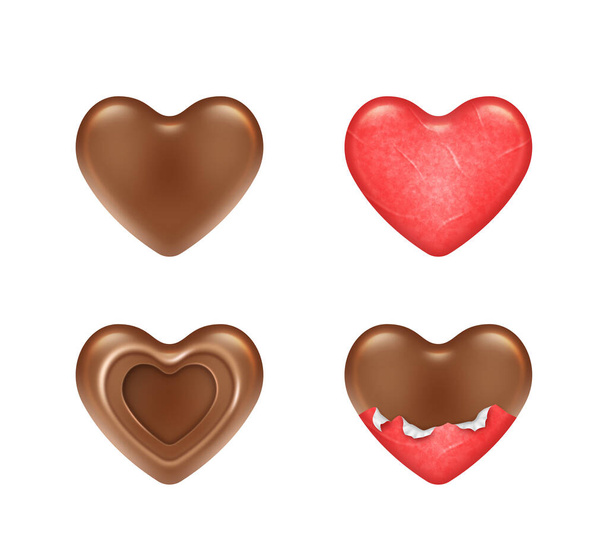 Csokis cukorka desszertek és cukorkák piros fólia csomagolásban. Szív alakú pralinék reális készlet Valentin napi ajándék, romantikus meglepetés ajándék elszigetelt fehér. Vektorillusztráció - Vektor, kép