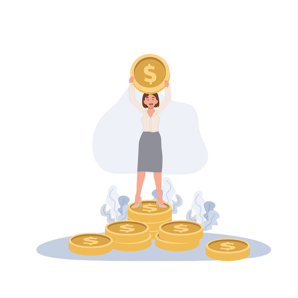 Investitionsmanagementkonzept. Geschäftsfrau heben die großen goldenen Münzen auf den Münzstapel. Flacher Vektor Zeichentrickfigur Illustration - Vektor, Bild
