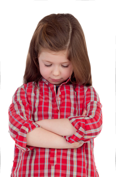 Sad little girl with red plaid shirt - Фото, зображення