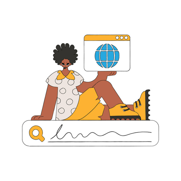 A man sits on a search bar and holds a browser window in his hands. Search for the necessary information on the Internet. Linear retro style character. - Vector, Image
