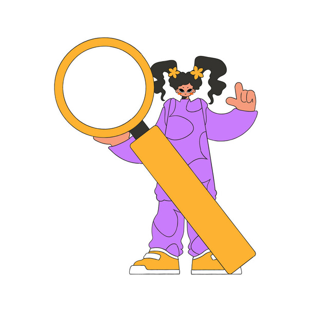The girl is holding a magnifying glass. Search for information. Retro style character. - Vector, Image
