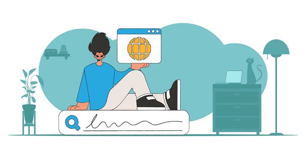 The concept of searching for information. The guy sits on the search bar and holds a web browser in his hands. Retro style character. - Vector, Image