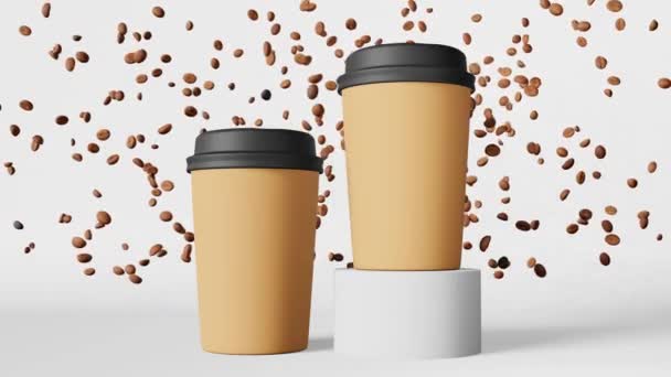 Paper coffee cup white lid flying beans podium 3D animation. Coffee shop discount demonstration delivery Hot drinks sale banner. Merchandise promo design. Blank disposable cup template roasted arabica - Filmati, video