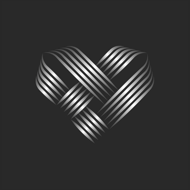 Logotipo de forma de coração abstrato, padrão decorativo de entrelaçamento metal linhas paralelas formam nó abstrato. - Vetor, Imagem