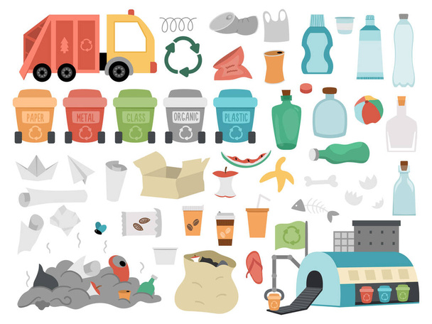 Переработка и сортировка отходов. Векторный экологический набор для детей. Иллюстрация Дня Земли с мусорными баками, пластиком, стеклом, органическим, бумажным мусором, заводом по переработке мусора, грузовиком. Экологически чистый pac - Вектор,изображение