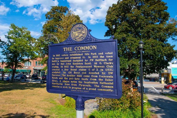 The Common sign on Main Street in het historische centrum van Plymouth, New Hampshire NH, Verenigde Staten.  - Foto, afbeelding