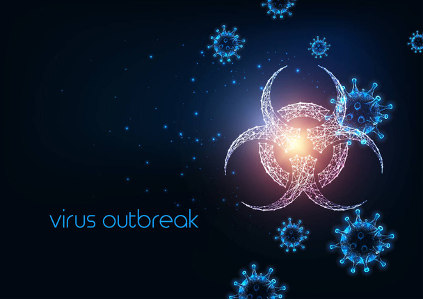 暗い青の背景に輝く低多角形のウイルス細胞とバイオハザードシンボルとコピースペースを持つ未来的なウイルス発生の概念。現代のワイヤフレームメッシュデザインベクトル図. - ベクター画像