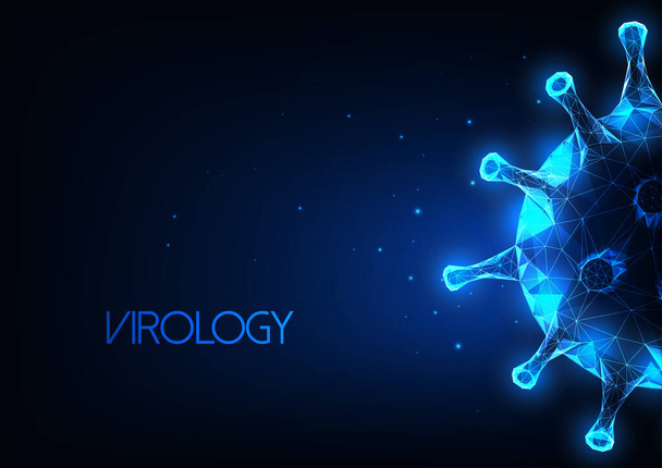 Gelecekçi viroloji, bağışıklık bilimi soyut web pankartı, parlayan düşük çokgen virüs hücreleri ve koyu mavi arkaplan üzerine yazı. Epidemiyoloji konsepti. Modern tel çerçeve ağ tasarımı vektör çizimi. - Vektör, Görsel