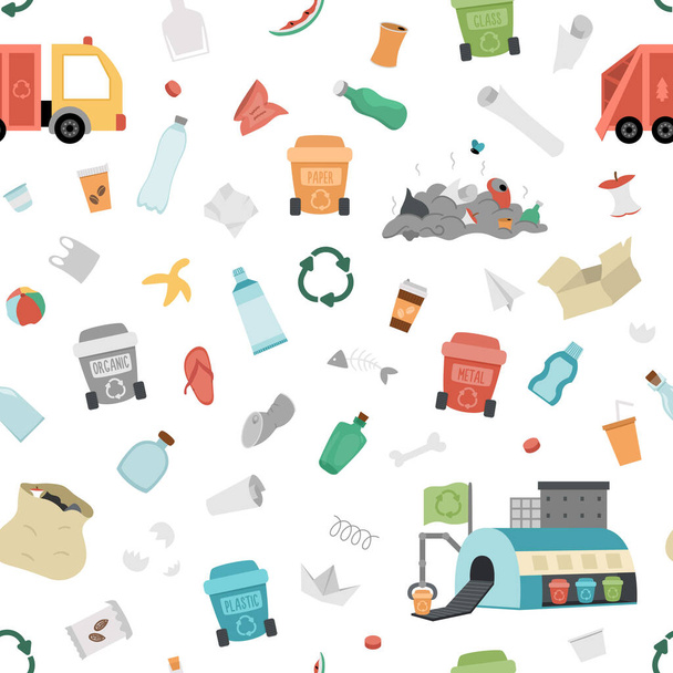 廃棄物のリサイクルとシームレスなパターンのソート。ベクトル生態学子供のための繰り返しの背景。ゴミ箱、プラスチック、ガラス、有機、紙のゴミ、リサイクル計画を持つ地球の日のデジタル紙 - ベクター画像