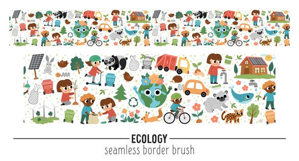 Vector ecological horizontal seamless pattern brush with cute children caring of nature. Earth day border. Cute environment friendly repeating background with eco planet concep - Vector, imagen