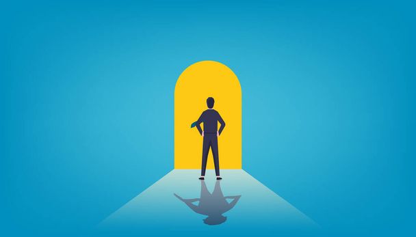 Businessman standing in front of door, Finding solution, new possibilities, hope, success and opportunity concept - Vector, Image
