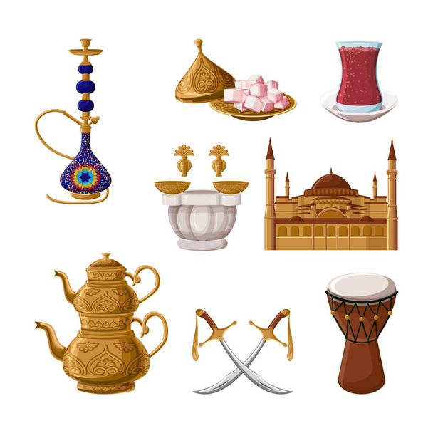 Turecki tradycyjny zestaw ikon dziedzictwa, część 2. Arabska kultura wschodnia. Ilustracja wektor stylu kreskówki. - Wektor, obraz