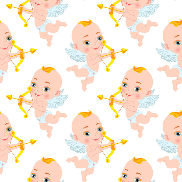 Seamless pattern, cute angels with bow and arrow. Print, background for Valentine's Day, wallpaper, vector - Vector, Image