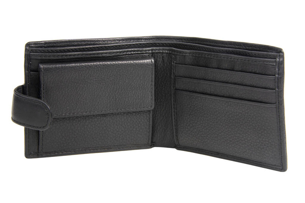 Черный кожаный бумажник за деньги изолированы на белом фоне - Фото, изображение
