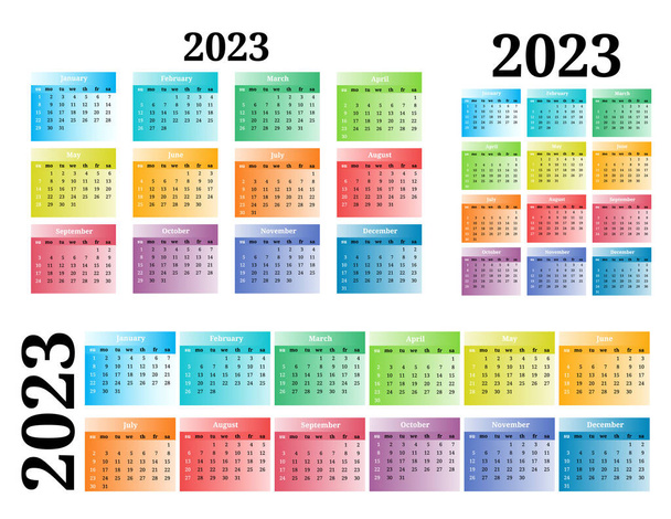 Σύνολο τριών ημερολογίων για το 2023 σε διαφορετικές μορφές που απομονώνονται σε λευκό φόντο. Από Κυριακή σε Δευτέρα, επιχειρηματικό μοντέλο. Εικονογράφηση διανύσματος - Διάνυσμα, εικόνα