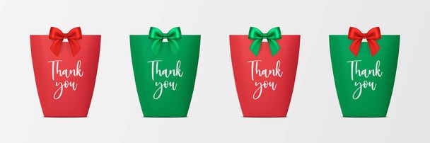 Vector 3d Realistic Red and Green Christmas, New Year Paper Gift Bag, Box for Party with Silk Bow, Ribbon. Carry Bag for Present Icon Set Isolated. Front View. - Vektor, Bild