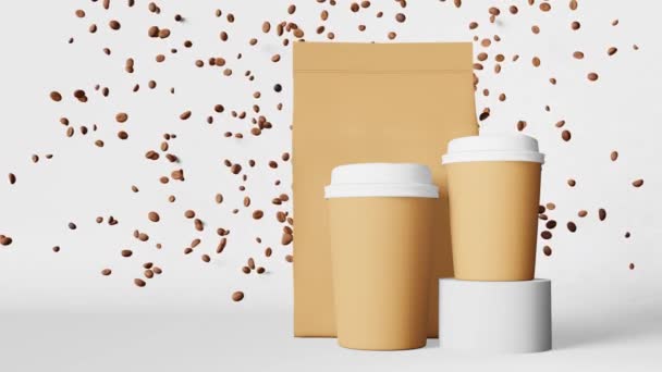 Paper pouch bag coffee cups white lids falling beans podium 3D animation. Coffee shop discount demonstration delivery Hot drinks sale. Merchandise promo design. Blank packaging template flying arabica - Séquence, vidéo
