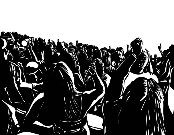 Retro houtsnede illustratie van een menigte van mensen in een evenement kijken naar een concert met mobiele telefoons bekeken van achteren op geïsoleerde achtergrond gedaan in zwart-wit. - Vector, afbeelding