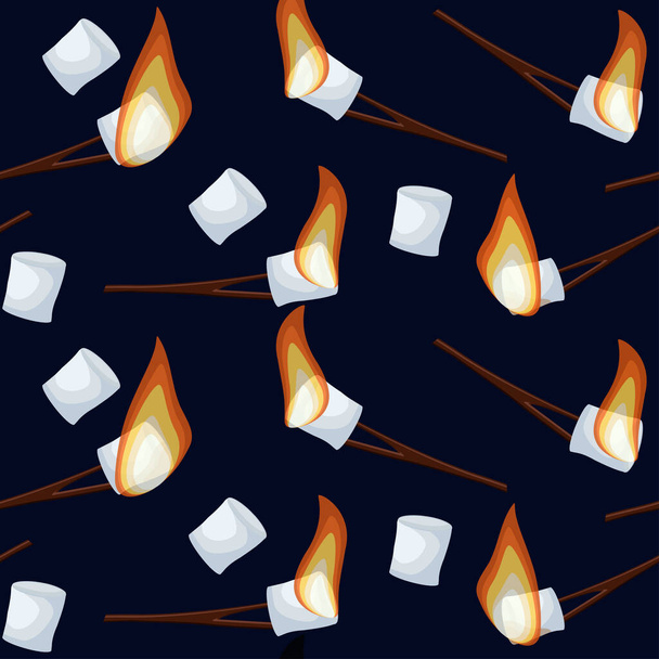 Rösten Marshmallows nahtlose Muster isoliert auf dunkelblauem Nachthimmel Hintergrund. Cartoon-Vektor-Illustration im flachen Stil. - Vektor, Bild