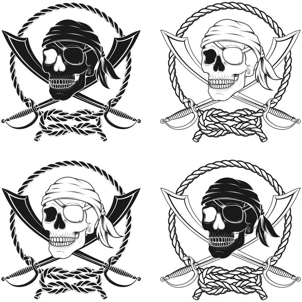 Illustration vectorielle d'un crâne de pirate avec deux épées entourées d'une corde entrelacée, échelle de gris - Vecteur, image