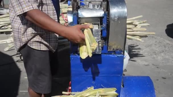 Kleine Maschinen zum Zerkleinern und Extrahieren von Saft aus Zuckerrohr. Markt Thailand - Filmmaterial, Video