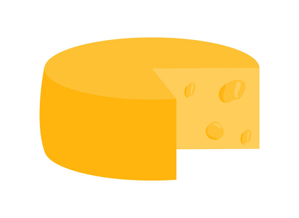 Cabeça de queijo duro com pedaço cortado. Queijo suíço ou parmesão. Produtos lácteos. Desenho isolado da ilustração vetorial - Vetor, Imagem