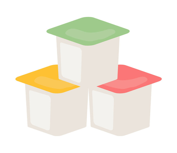 Yogourt ou crème sure dans des boîtes carrées avec couvercles colorés. Produits laitiers. Illustration vectorielle design isolé - Vecteur, image