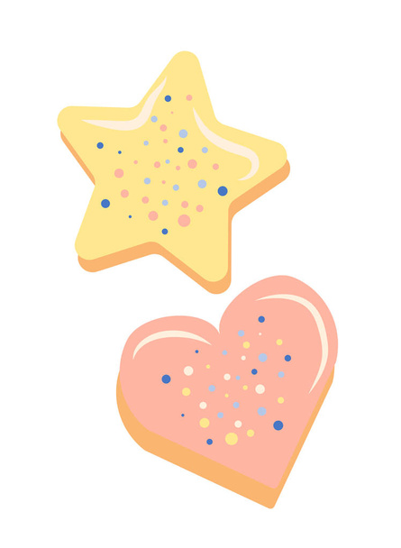 Yıldız ve kalp şeklinde buzlu kurabiyeler. Ev yapımı kek ve tatlı pişirmek. Vektör illüstrasyonu izole tasarımı - Vektör, Görsel