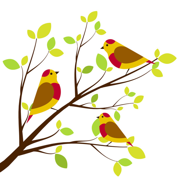 Cute birds sitting on branches. Yellow with red dots birds, white background. - Vecteur, image