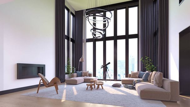 Modern nappali belsőépítészet, semleges színséma. 3D koncepció kiolvasztás - Fotó, kép