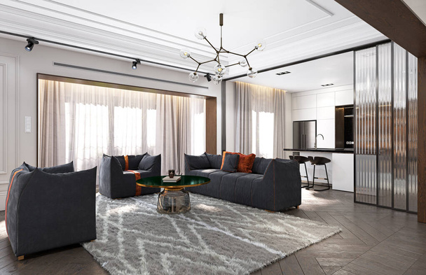 Modern oturma odası iç tasarımı, nötr renk düzeni. 3B konsept oluşturma - Fotoğraf, Görsel
