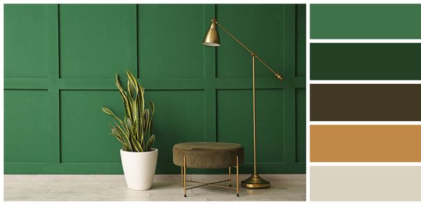 Современные стандартные лампа, houseplant и pouf около зеленой стены в комнате. Различные цветовые схемы - Фото, изображение