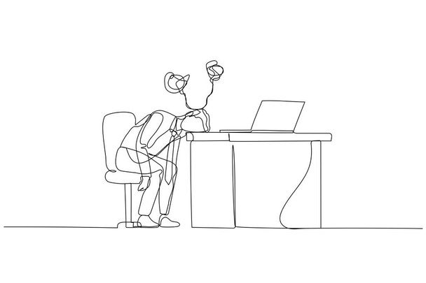 Dibujo de hombre de negocios cansado yacía cabeza en silla buscando neumático y estrés. Estilo de arte de línea continua única - Vector, Imagen