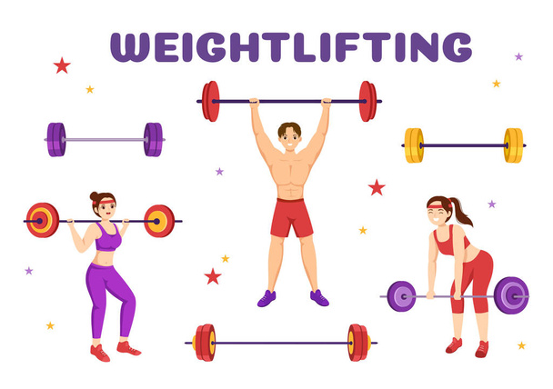 Weightlifting Sport Illustration with Athlete Lifts a Heavy Barbell, Gym Equipment and Bodybuilder Training in Flat Cartoon Hand Drawn Templates - Διάνυσμα, εικόνα