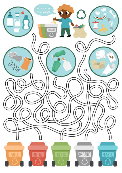 Ecological maze for children with kid sorting out the rubbish. Earth day preschool activity. Eco awareness or zero waste labyrinth game, puzzle. Nature protection printable workshee - Vector, afbeelding