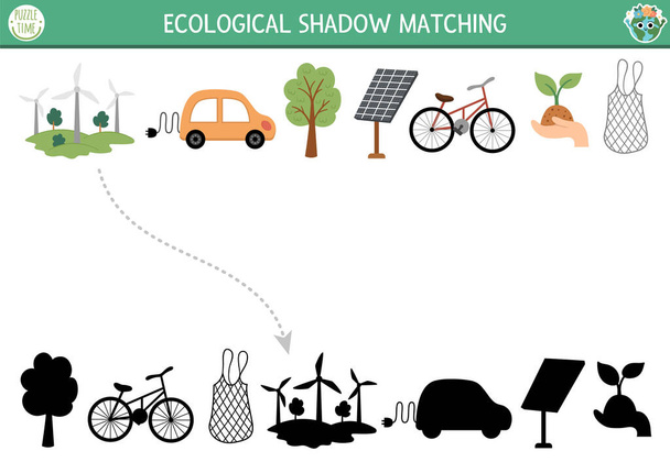 Ecological shadow matching activity with alternative energy sources and transport. Earth day puzzle. Find correct silhouette printable worksheet or game. Eco awareness page for kid - Vector, imagen