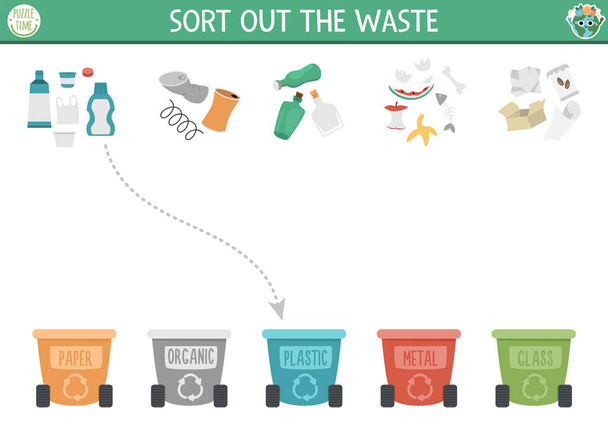 Ecological matching activity with waste sorting concept. Earth day puzzle. Printable worksheet or game. Sort out the waste. Eco awareness page for kids with rubbish bin - Vecteur, image