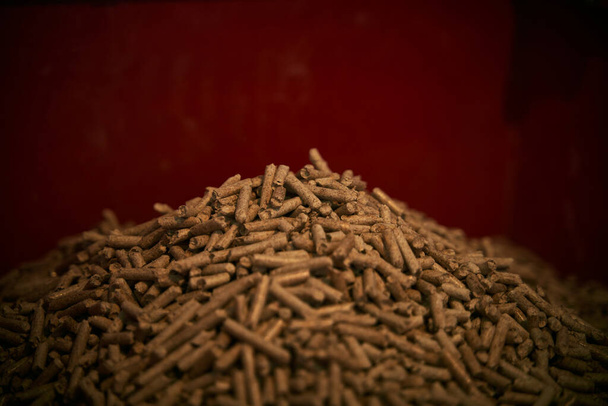 Baño de pellets de madera. Los rollos de cilindro de pellets comprimidos de madera con diámetros de 6mm se utilizan para calentar hogares. Biocombustible ecológico renovable. - Foto, imagen