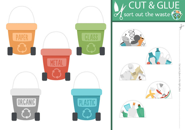 Vector ecological cut and glue activity. Crafting game with rubbish containers. Fun printable worksheet for children. Find the right piece of the puzzle. Complete the picture zero waste pag - Vector, Imagen