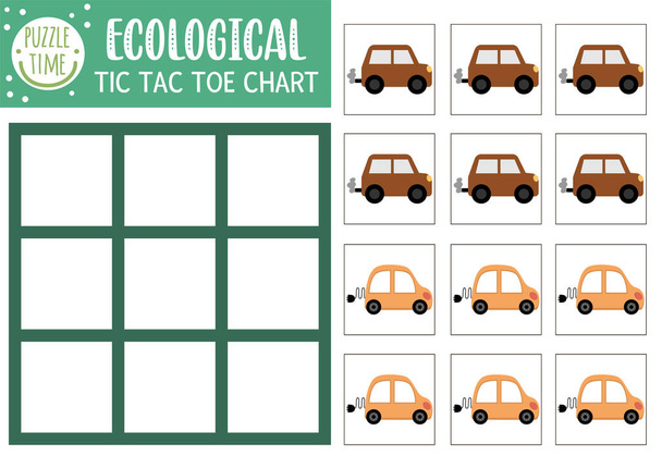 Vector ecological tic tac toe chart with alternative transport. Eco awareness board game playing field. Funny Earth day printable worksheet with electro car. Noughts and crosses grid - Vector, Imagen
