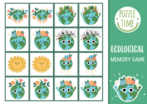 Vector ecological memory game cards with cute planets. Eco awareness matching activity. Remember and find correct card. Simple Earth day printable worksheet for kids with kawaii star - Vector, Imagen